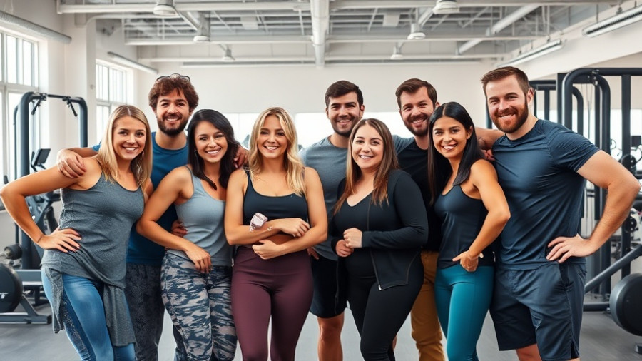 Group in gym smiling for camera, managing stress and hormones.