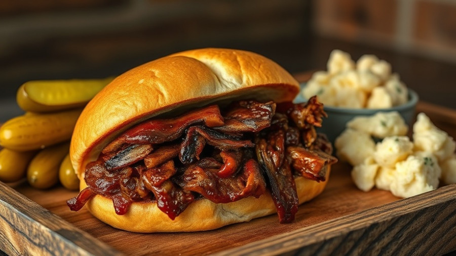 Mouthwatering barbecue sandwich with pickles and salad, Best Restaurants in The Colony and Little Elm.