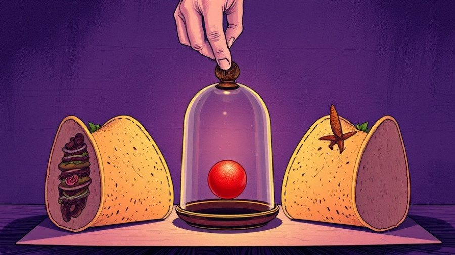 Artistic taco scene illustration with cloche and red element.