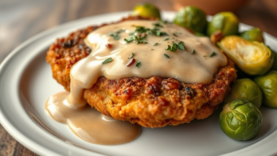 Chicken fried steak with creamy gravy and Brussels sprouts.