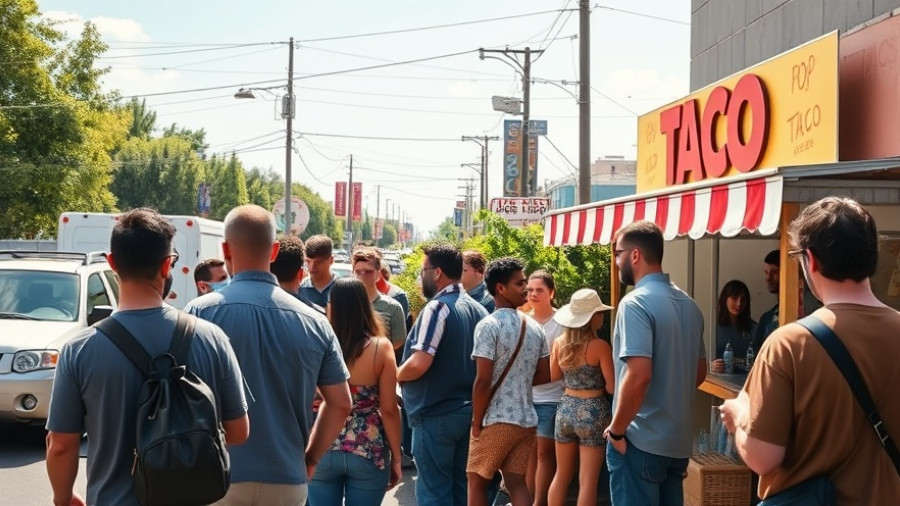 People lined up outdoors for El Califa de León Taco Pop-Up event.