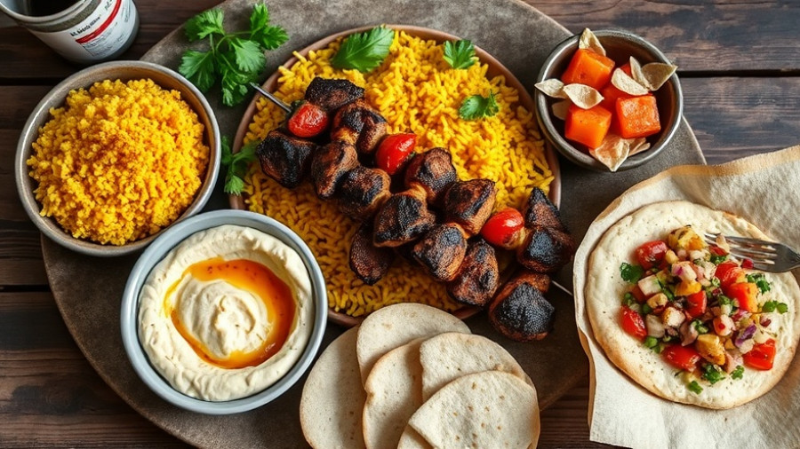 Maya’s Mediterranean for Fresh Comfort Food - colorful Mediterranean dish with kebabs and hummus.