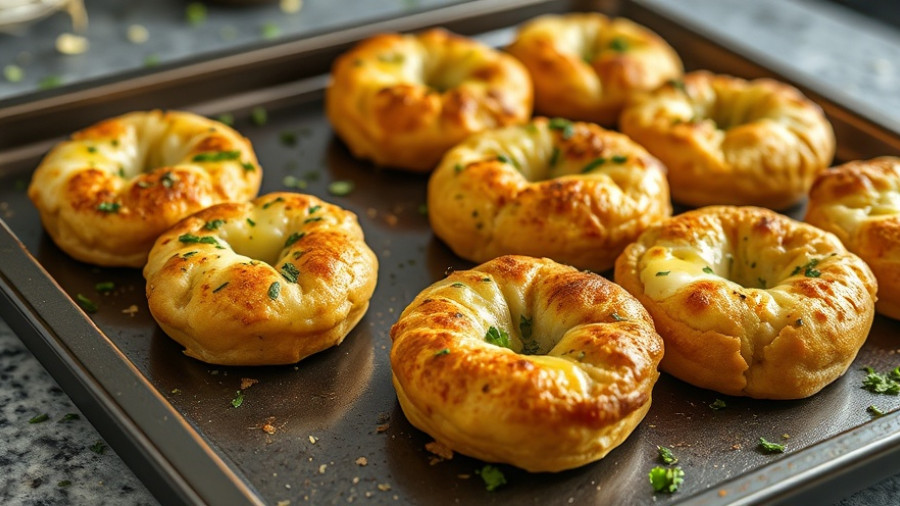 Gluten-free protein bagel bites with melted cheese on a baking sheet.