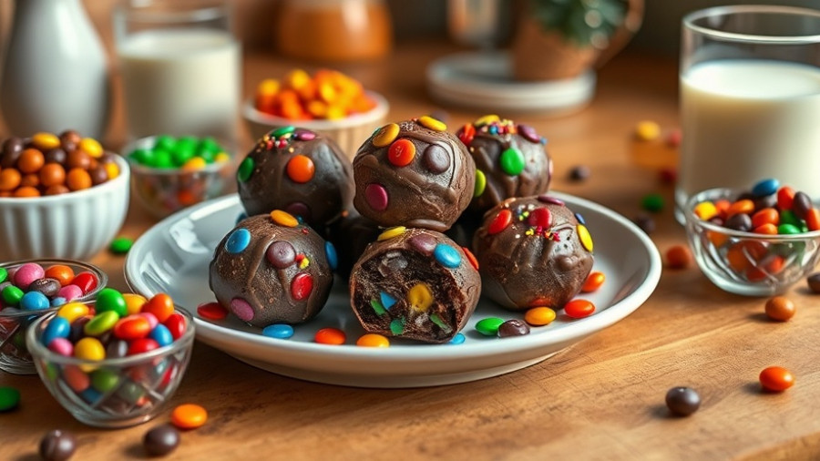 Colorful Cosmic Brownie Energy Bites on a plate with snacks around.