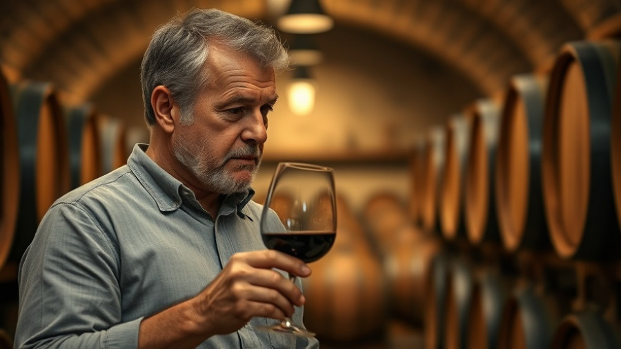 Middle-aged man tasting Bolgheri Wine in a cellar with barrels.