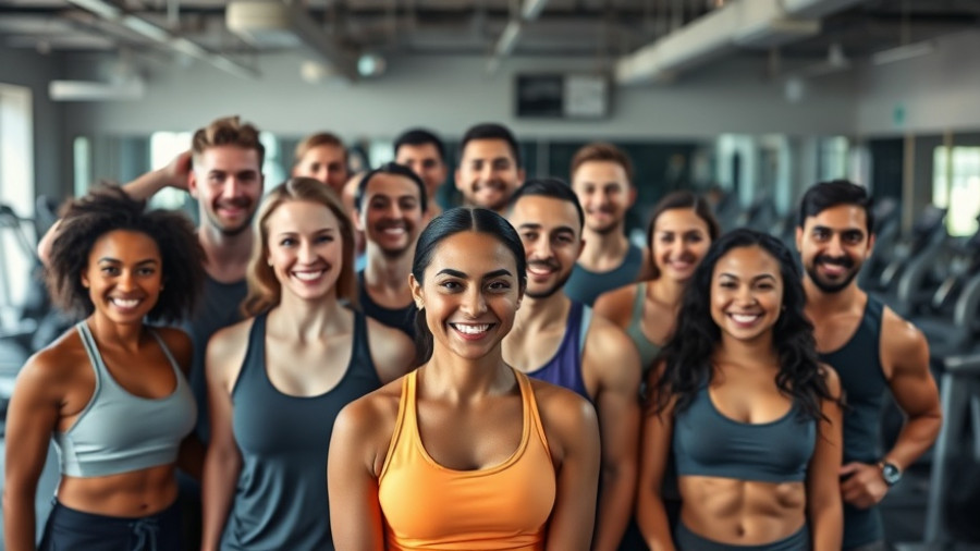 Diverse workout personality group posing in gym setting.