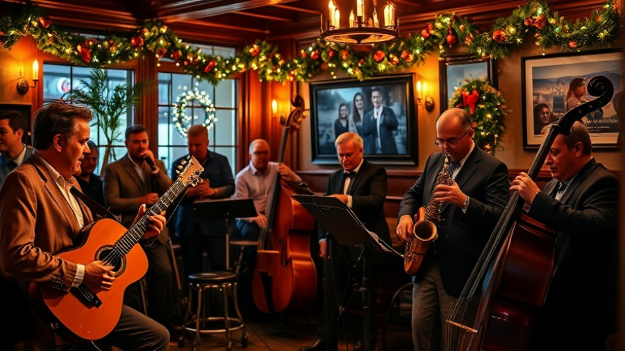 Lively Dallas bar with jazz band performing, festive ambiance.