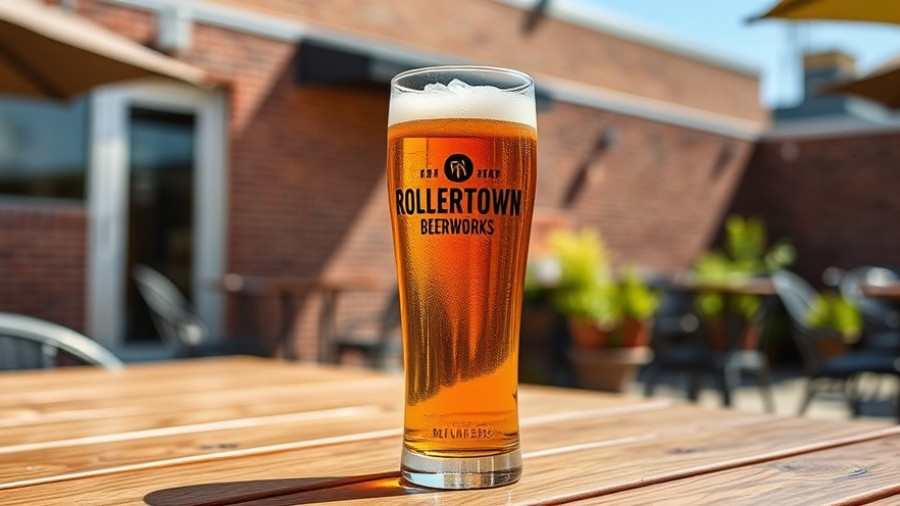 Rollertown BeerWorks Frisco beer glass on sunny patio.
