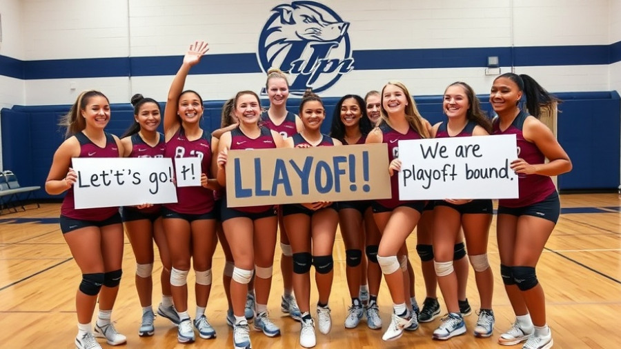Lady Raiders celebrate playoff victory in gym with signs.