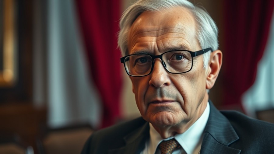 Older man in suit with glasses looking serious indoors.