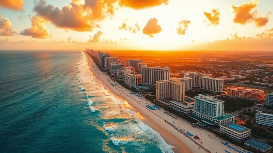 Aerial view of Cancún luxury beachfront at sunset.