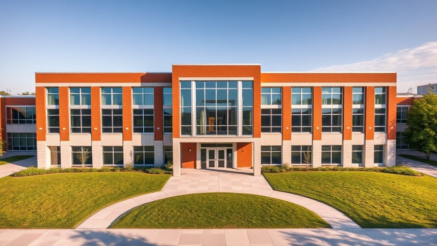 Wylie ISD campus entrance, modern architecture, aerial view