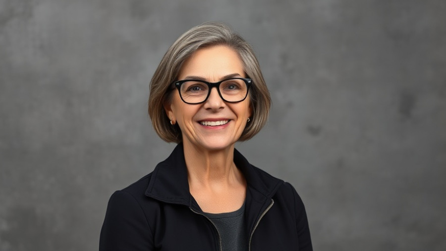 Smiling woman in glasses against gray backdrop
