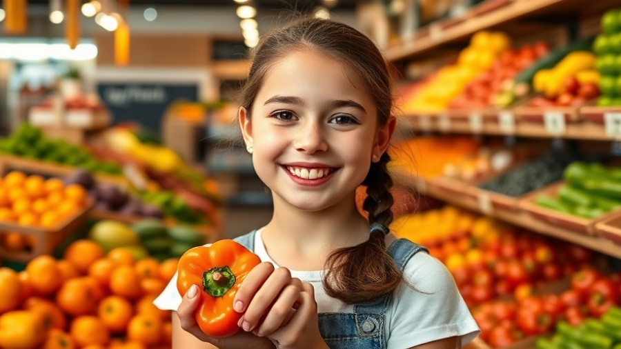 Young girl in store holding bell pepper, SNAP Cut-Offs in North Texas context.