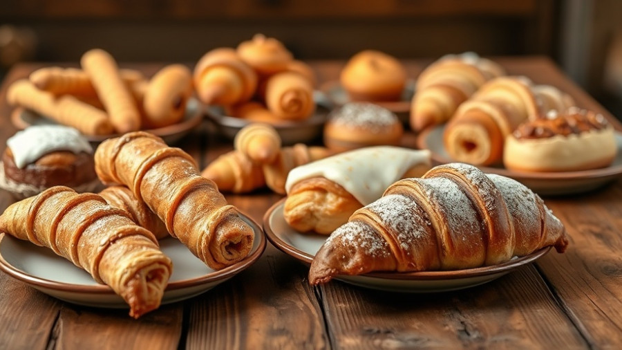 Assorted pastries from best bakeries in Dallas on wooden table.