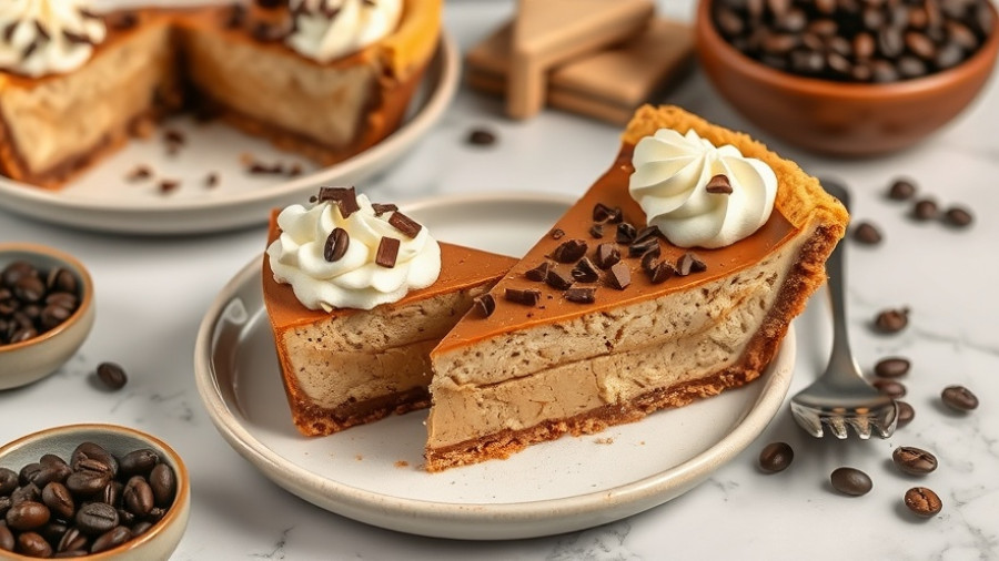 GoGo’s Coffee Toffee Pie with whipped cream and chocolate shavings on plates.