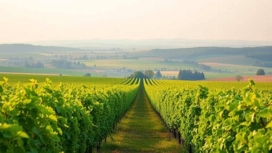 Expansive vineyard in Oregon, lush vines under a clear sky.