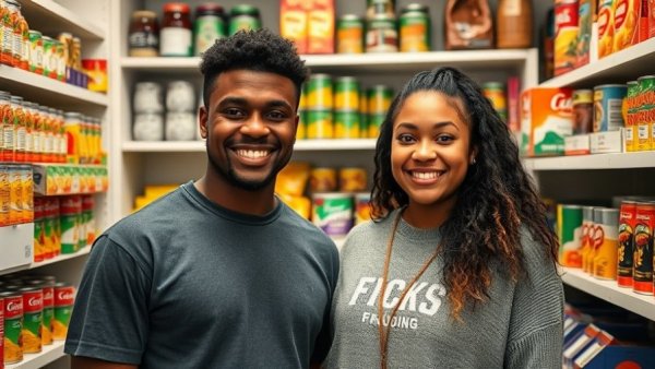 Dallas College students smiling in a well-stocked food pantry.