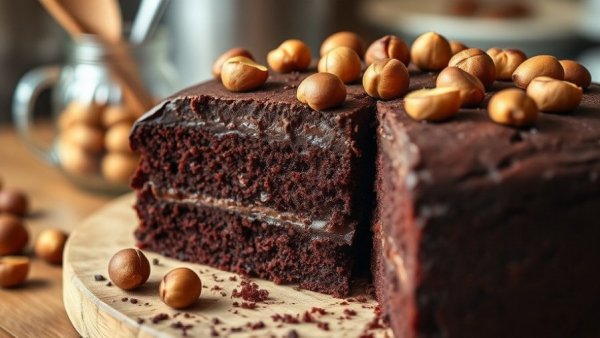 Chocolate beet cake in Dallas topped with hazelnuts, sliced beautifully.