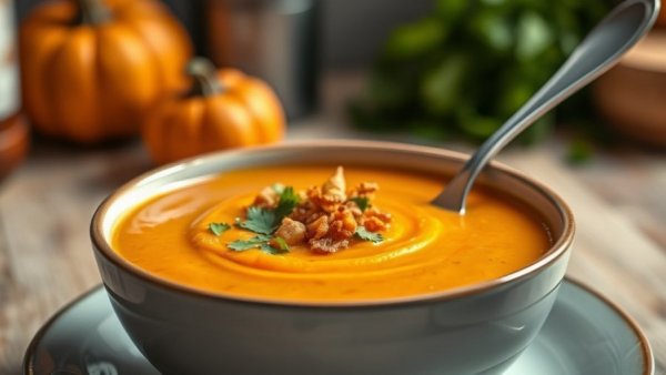 Delicious roasted pumpkin soup with garnish and a spoon, cozy setting.