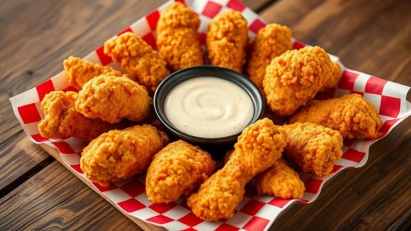 Crispy fried chicken tenders with dipping sauce on checkered paper.