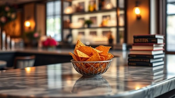 Tostitos Touchdown with Tiffany Derry display on a bar countertop.