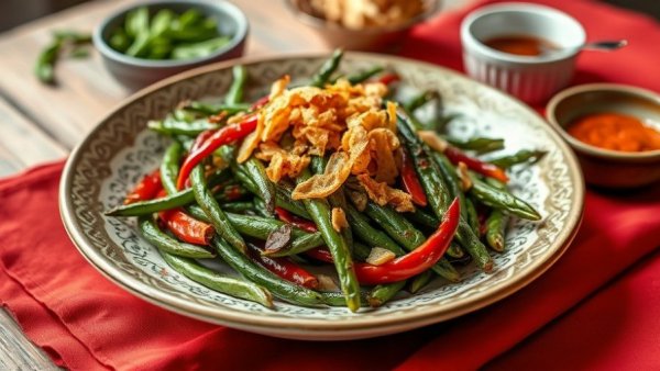 Roasted Calabrian Chili Green Beans with fried onions on a platter.