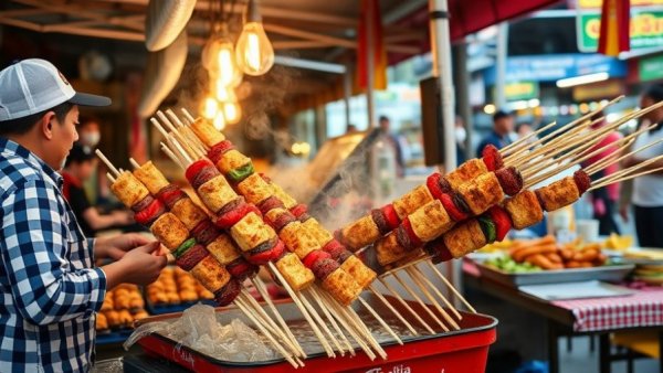 Vendors cooking Thai skewers at a Dallas market.