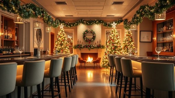 Festive holiday bar with elegant decor in Dallas.