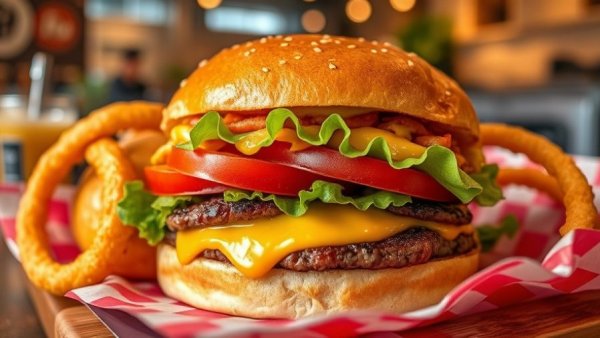 Dairy-ette Dallas nostalgia: Cheeseburger and onion rings in red basket.