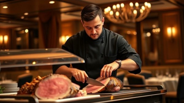 Chef preparing The Landmark Prime Rib in a luxurious Dallas setting.