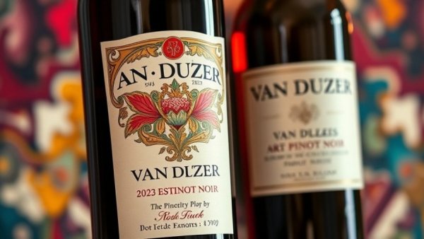 2023 Estate Pinot Noir bottle with art nouveau label alongside another Van Duzer bottle.