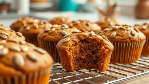 Pumpkin spice muffins topped with pumpkin seeds on a cooling rack.