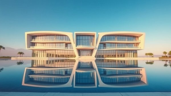 Modern building reflecting in pool under blue sky, Federal Compliance Community Engagement.