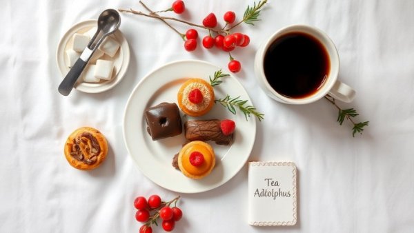 Adolphus Holiday Tea pastries and coffee with festive decor.