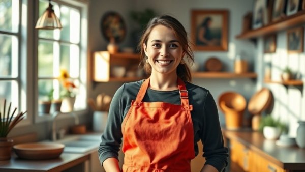 Smiling woman in apron in a kitchen, Gordon Ramsay's Next Level Baker.