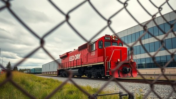 Red locomotive near office building in Luzerne County rail line proposals.