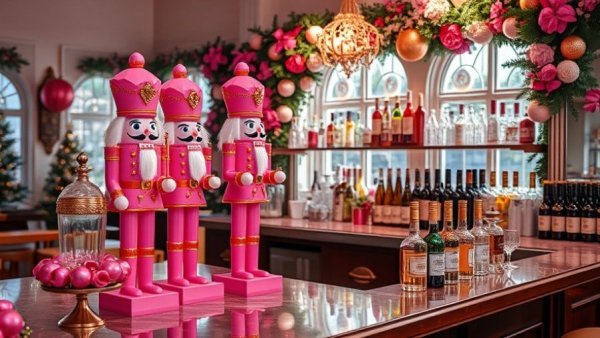 Festive holiday dining setup with pink nutcrackers at Paradiso Dallas.