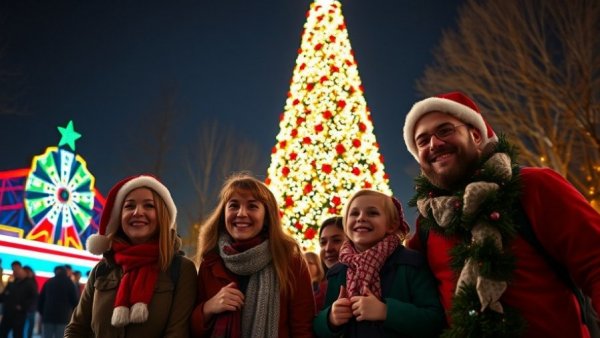 Family celebrating Holiday in the Park at Six Flags under a lit Christmas tree.