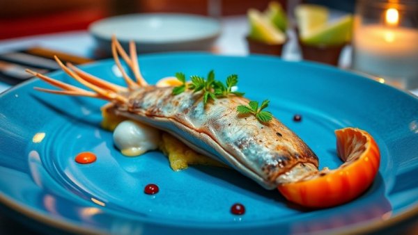 Gourmet dish with caviar on a blue plate in Dallas restaurant.