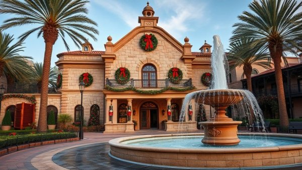 Festive Christmas scene at Gaylord Texan with fountain and decorations.