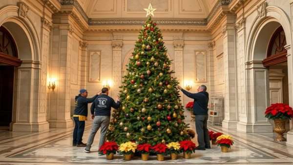 Workers setting up Christmas tree at Luzerne County Courthouse.