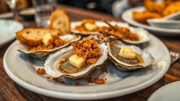 Plate of baked oysters with breadcrumbs at Nola's Casamento’s Oyster House.