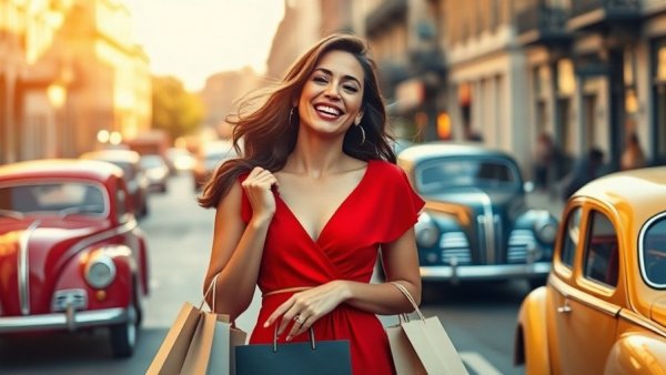 Woman in red dress with shopping bags for Spend It in Dallas campaign