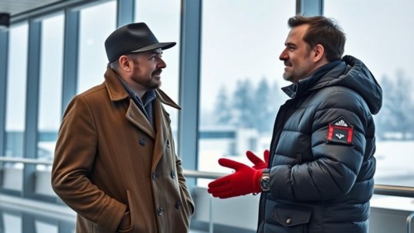Planes Trains and Automobiles scene with two men at snowy airport.