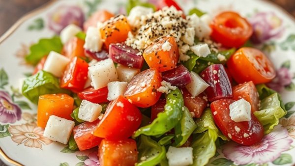 Little Gem salad with creamy cacio e pepe dressing on floral plate.