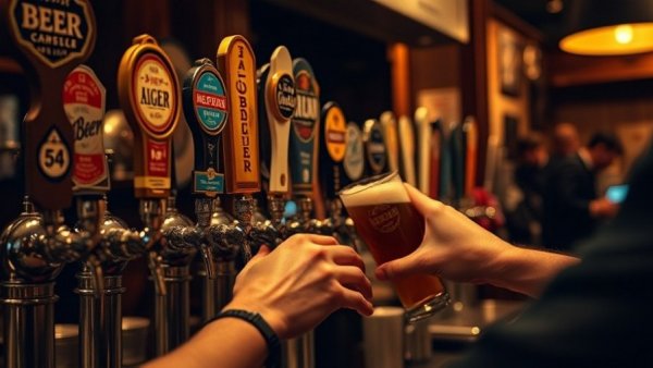 Holy Grail Pub in Plano beer taps with bartender pouring a drink, warm ambiance.