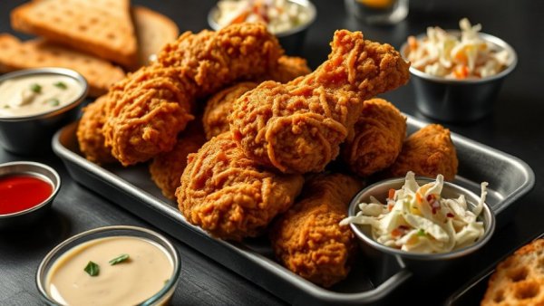 Goldie's Sunday Chicken Feast spread with crispy fried chicken.