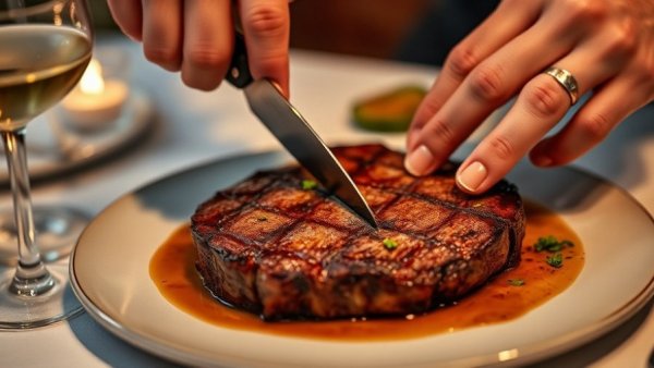 Exquisite gourmet steak dish being elegantly cut, representing Nutcracker Nights in Dallas.