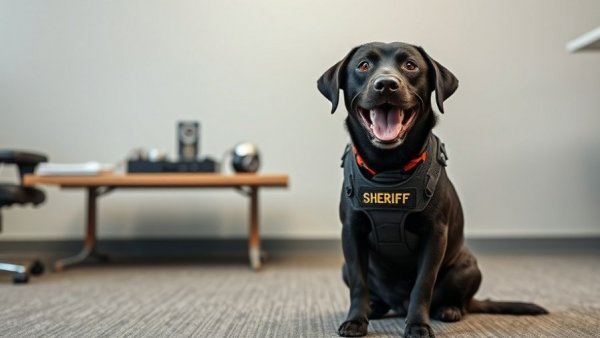 Luzerne County K-9 Hylee proudly sitting by a table with items.